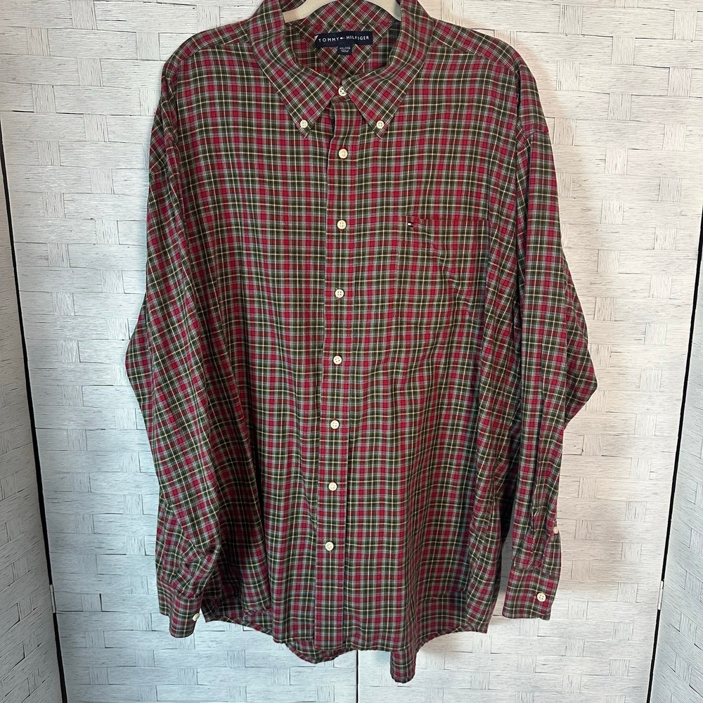 Tommy Hilfiger mens Shirt plaid button-down long sleeve red black yellow office